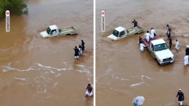 شاهد.. مواطنون ينقذون شابا من الغرق بعدما علق وسط سيول وادي القرن في جازان 2 سيول