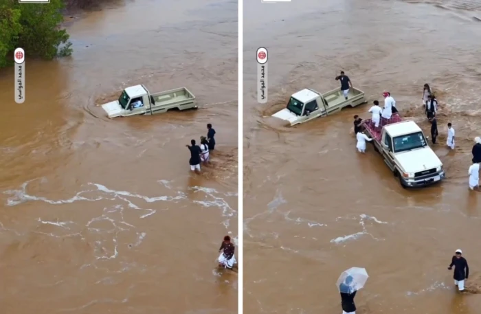 شاهد.. مواطنون ينقذون شابا من الغرق بعدما علق وسط سيول وادي القرن في جازان 1 سيول